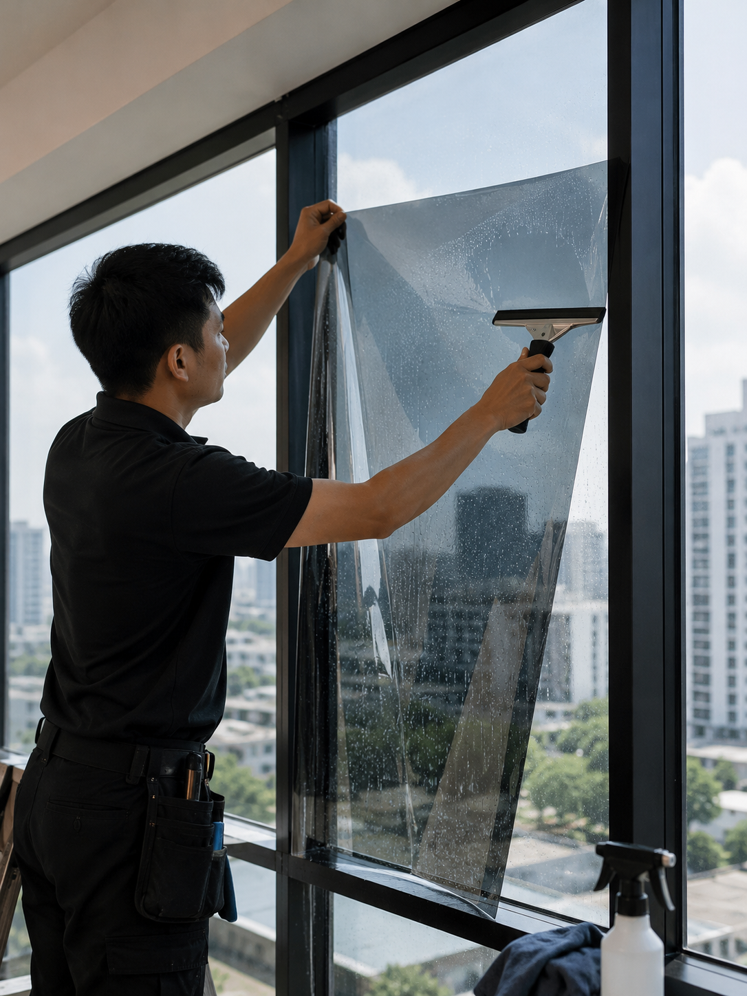Installer applying window tinting film on glass