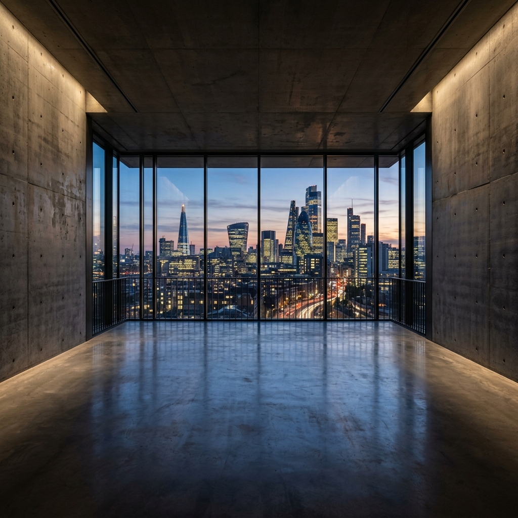 Twilight empty concrete room skyline view